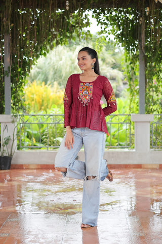 Navratri Special Georgette Schiffli Peplum Top with Kutchi Gamthi Patch Work ClothsVilla