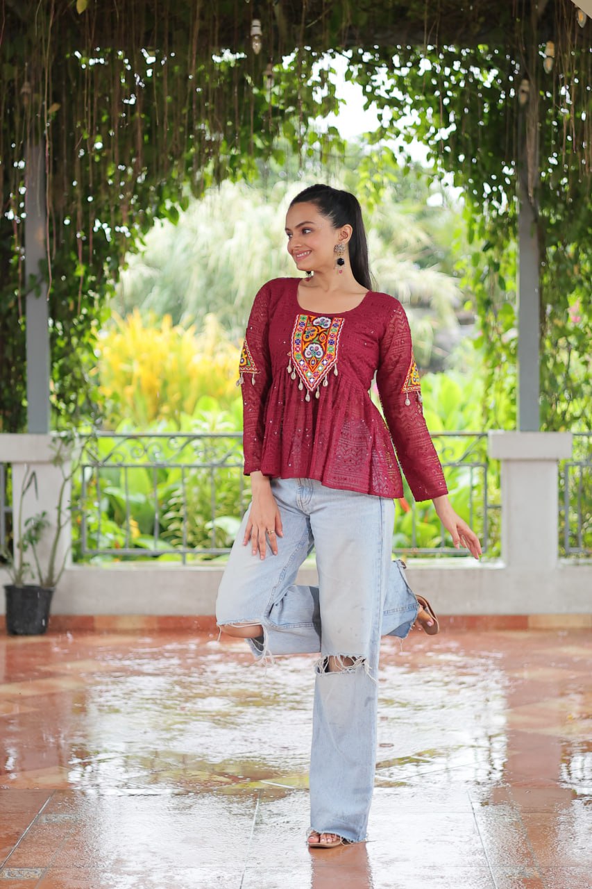 Navratri Special Georgette Schiffli Peplum Top with Kutchi Gamthi Patch Work ClothsVilla