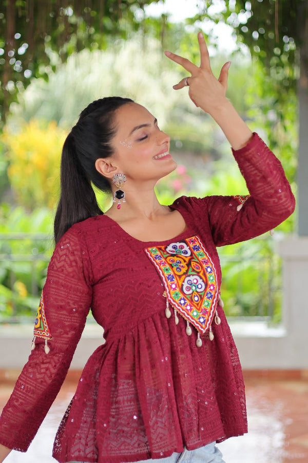 Navratri Special Georgette Schiffli Peplum Top with Kutchi Gamthi Patch Work ClothsVilla