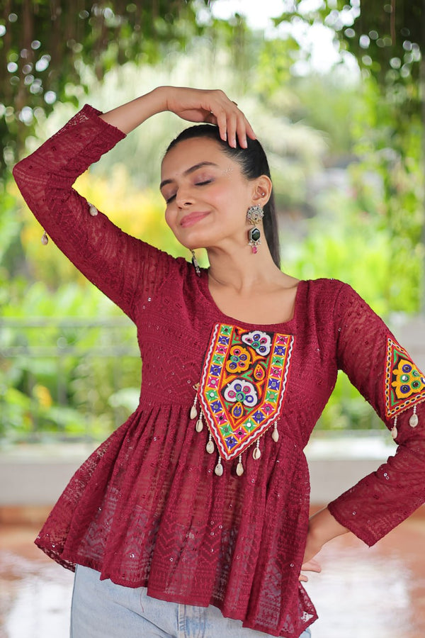 Navratri Special Georgette Schiffli Peplum Top with Kutchi Gamthi Patch Work ClothsVilla