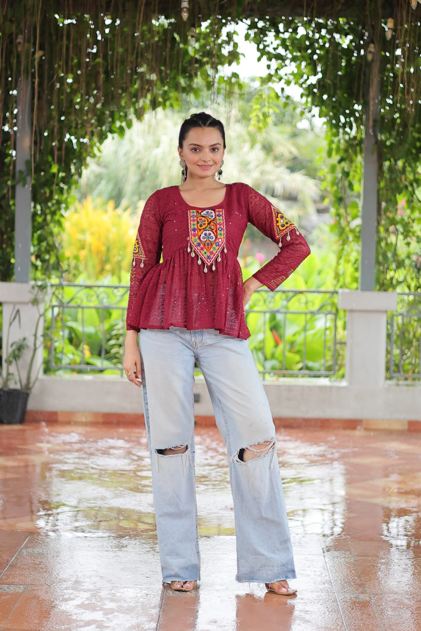 Navratri Special Georgette Schiffli Peplum Top with Kutchi Gamthi Patch Work ClothsVilla