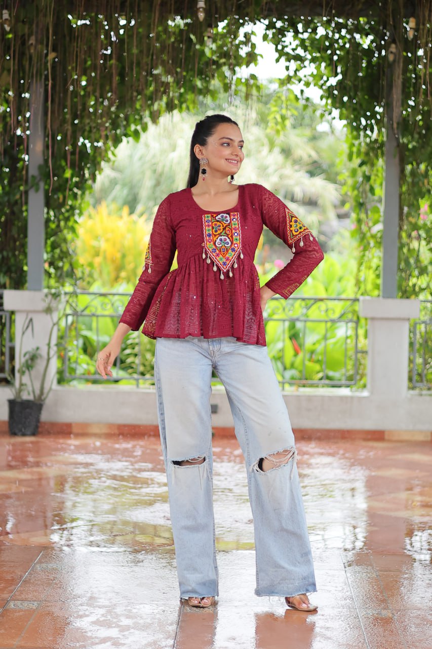 Navratri Special Georgette Schiffli Peplum Top with Kutchi Gamthi Patch Work ClothsVilla