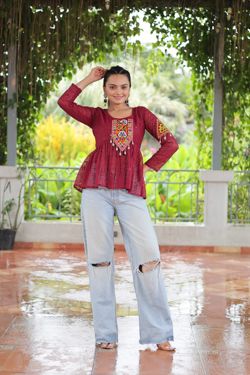 Navratri Special Georgette Schiffli Peplum Top with Kutchi Gamthi Patch Work ClothsVilla