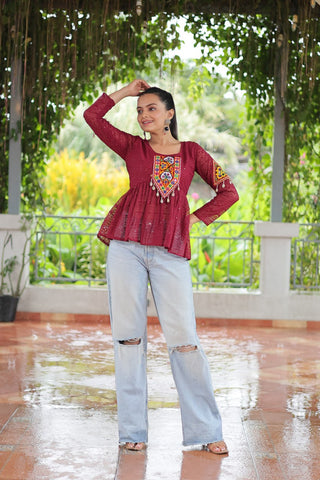 Navratri Special Georgette Schiffli Peplum Top with Kutchi Gamthi Patch Work ClothsVilla