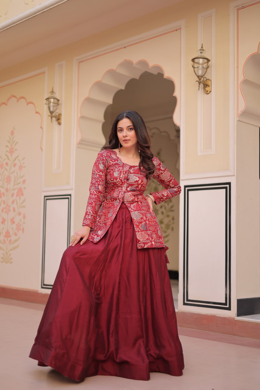 Maroon Premium Vichitra Silk Lehenga Set with Jequard Blouse & Hexagon Latkan Detailing ClothsVilla