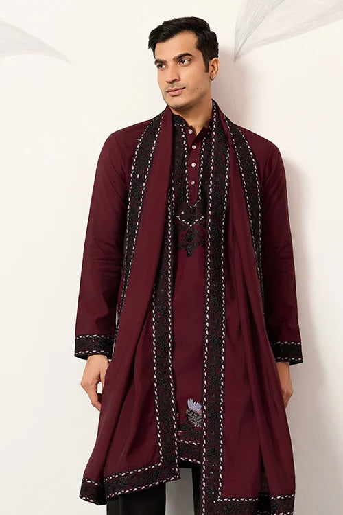 Vibrant Maroon Festive Kurta with Dupatta Set for Groom's Tribe Clothsvilla