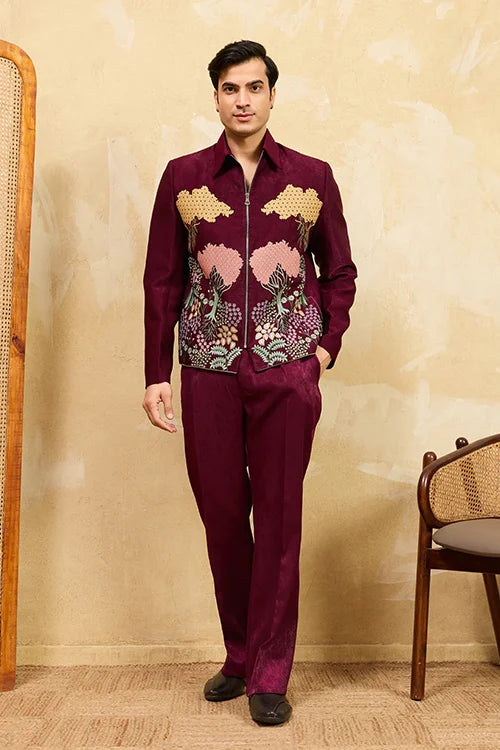 Wedding Special Maroon Velvet Bomber Jacket Set for Mens Wear Clothsvilla