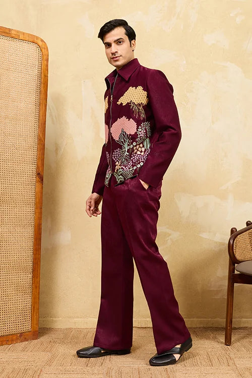 Wedding Special Maroon Velvet Bomber Jacket Set for Mens Wear Clothsvilla