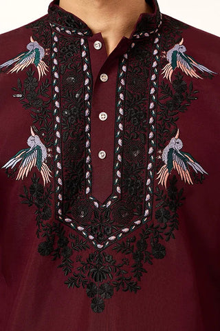 Vibrant Maroon Festive Kurta with Dupatta Set for Groom's Tribe Clothsvilla
