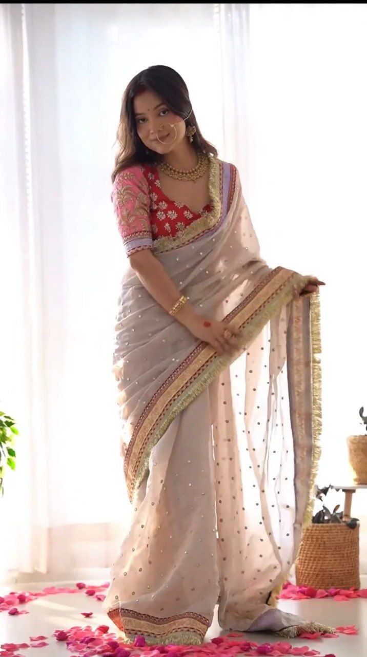Mauve Designer Saree with Heavy Zari, Dori & Multi-Size Sequins Work | Bangalori Silk Blouse ClothsVilla