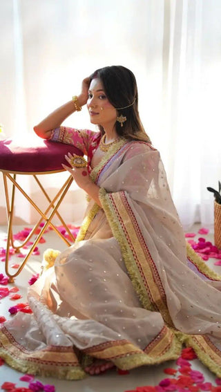 Mauve Designer Saree with Heavy Zari, Dori & Multi-Size Sequins Work | Bangalori Silk Blouse ClothsVilla