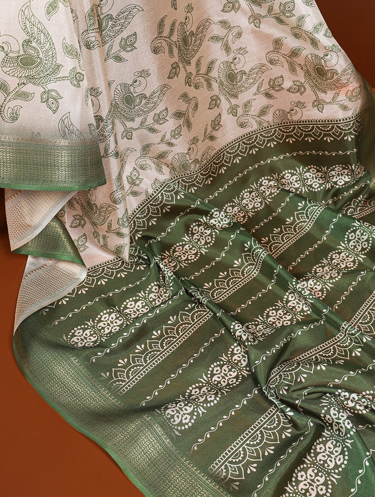 Mehendi Green Dola Silk Saree with Printed Work and Zari Border ClothsVilla