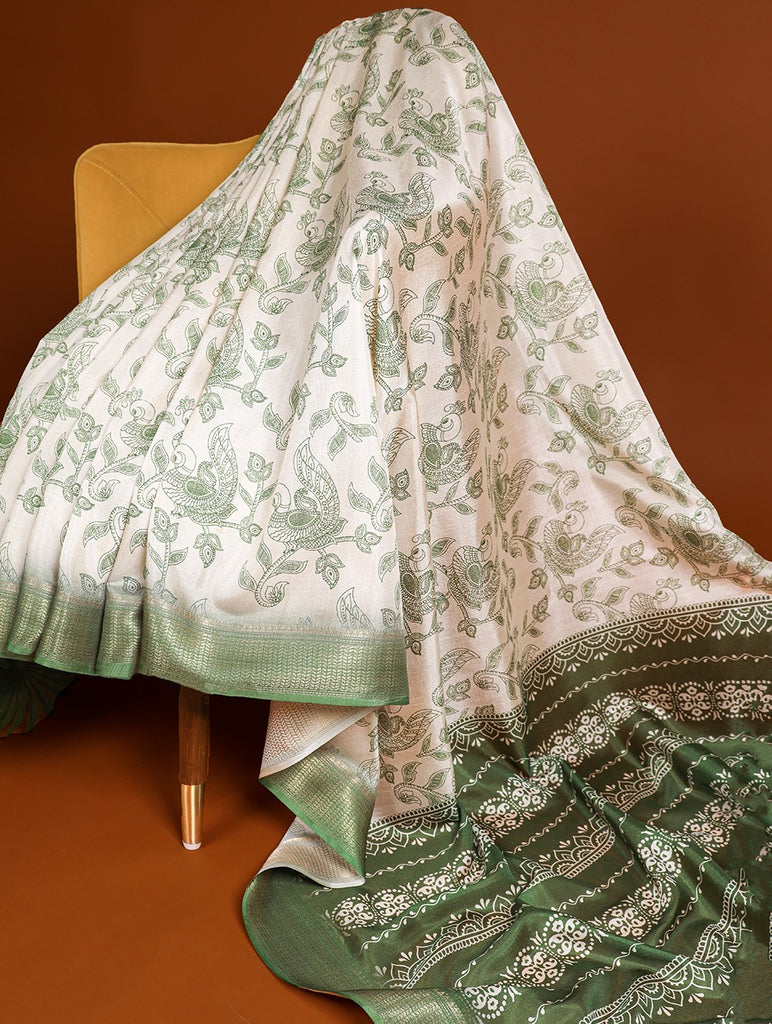 Mehendi Green Dola Silk Saree with Printed Work and Zari Border ClothsVilla