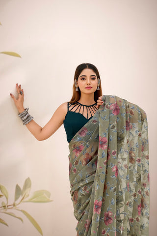 Mehendi Elegant Lurex Brasso Saree with Floral Viscose Brasso Work & Silk Blouse Piece ClothsVilla