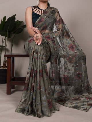 Mehendi Elegant Lurex Brasso Saree with Floral Viscose Brasso Work & Silk Blouse Piece ClothsVilla