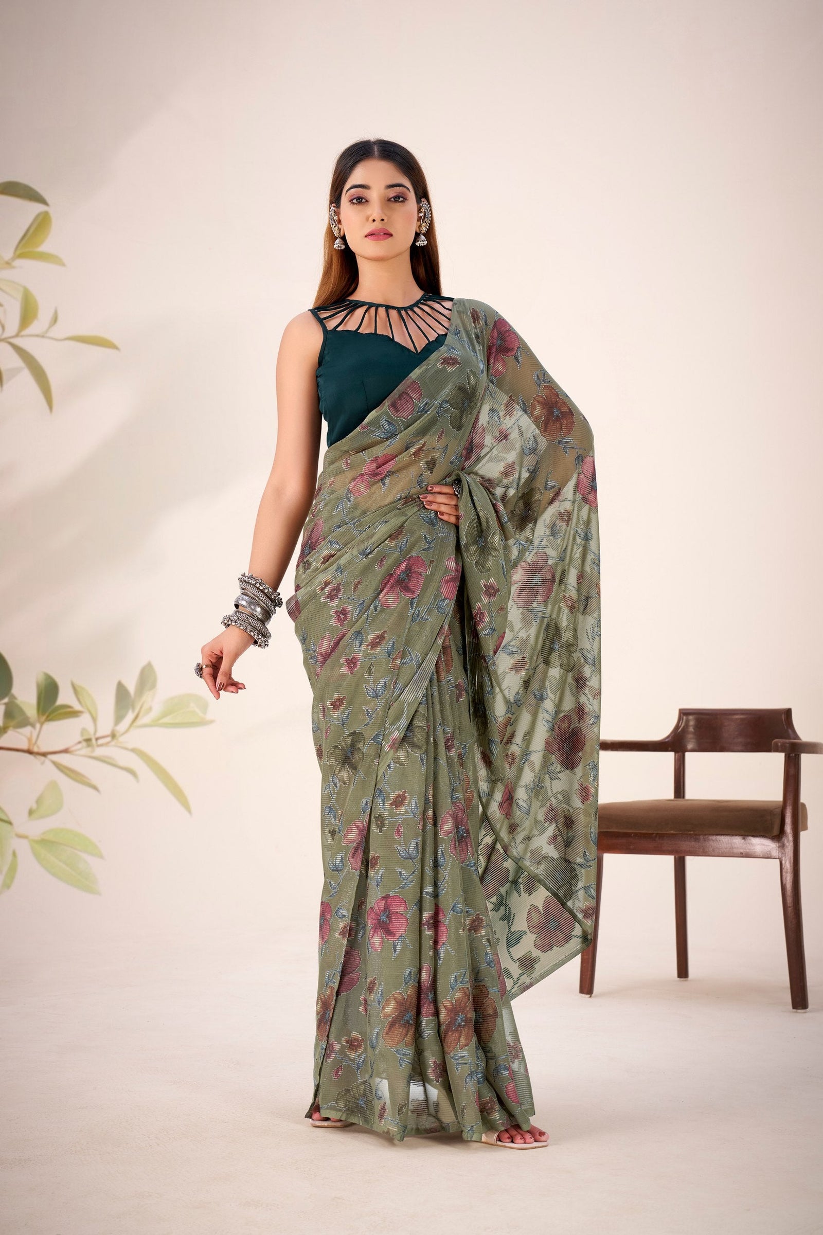 Mehendi Elegant Lurex Brasso Saree with Floral Viscose Brasso Work & Silk Blouse Piece ClothsVilla