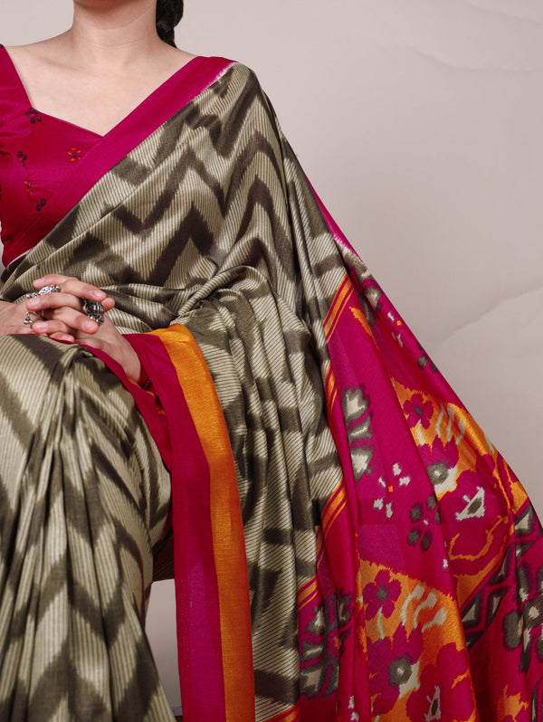Mehendi Elegant Printed Tasar Silk Saree with Matching Unstitched Blouse ClothsVilla