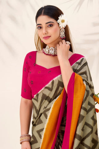 Mehendi Elegant Printed Tasar Silk Saree with Matching Unstitched Blouse ClothsVilla