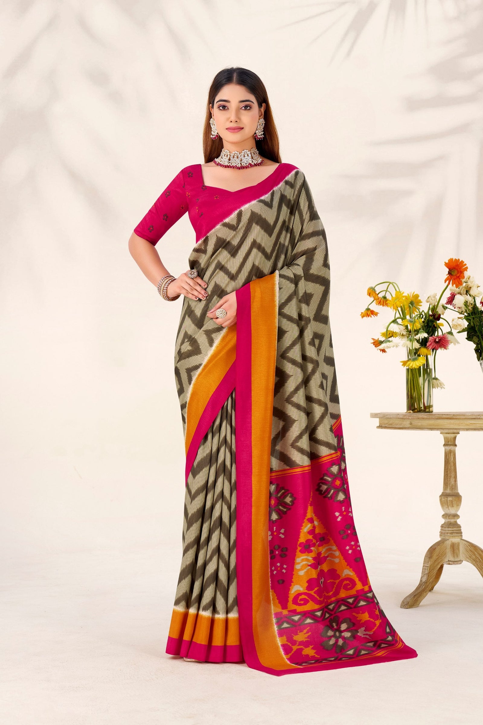 Mehendi Elegant Printed Tasar Silk Saree with Matching Unstitched Blouse ClothsVilla