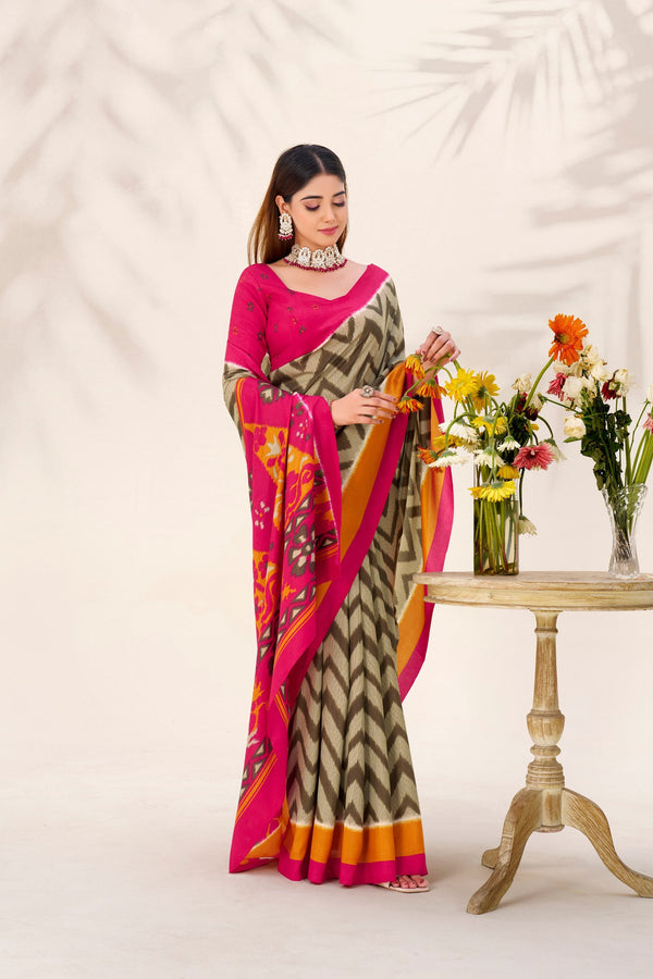 Mehendi Elegant Printed Tasar Silk Saree with Matching Unstitched Blouse ClothsVilla