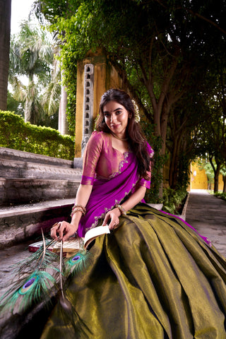 Mehendi Kanchipuram Zari Weaving Lehenga with Pink Embroidered Georgette Dupatta ClothsVilla