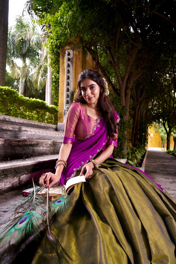 Mehendi Kanchipuram Zari Weaving Lehenga with Pink Embroidered Georgette Dupatta ClothsVilla