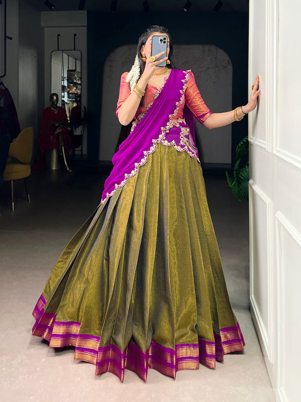 Mehendi Kanchipuram Zari Weaving Lehenga with Pink Embroidered Georgette Dupatta ClothsVilla