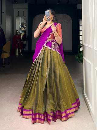 Mehendi Kanchipuram Zari Weaving Lehenga with Pink Embroidered Georgette Dupatta ClothsVilla