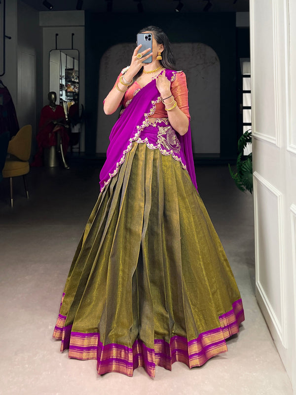Mehendi Kanchipuram Zari Weaving Lehenga with Pink Embroidered Georgette Dupatta ClothsVilla