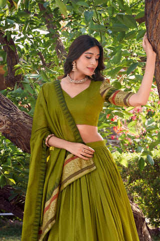 Mehendi Pure Chanderi Elegance Stitched Lehenga Set with Zari Weaving – 3-Piece Ensemble ClothsVilla