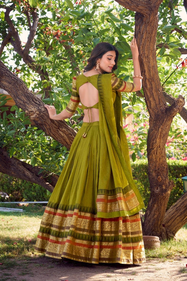 Mehendi Pure Chanderi Elegance Stitched Lehenga Set with Zari Weaving – 3-Piece Ensemble ClothsVilla