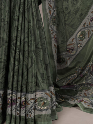 Mehendi Stylish Printed Crepe Saree with Matching Blouse Piece ClothsVilla