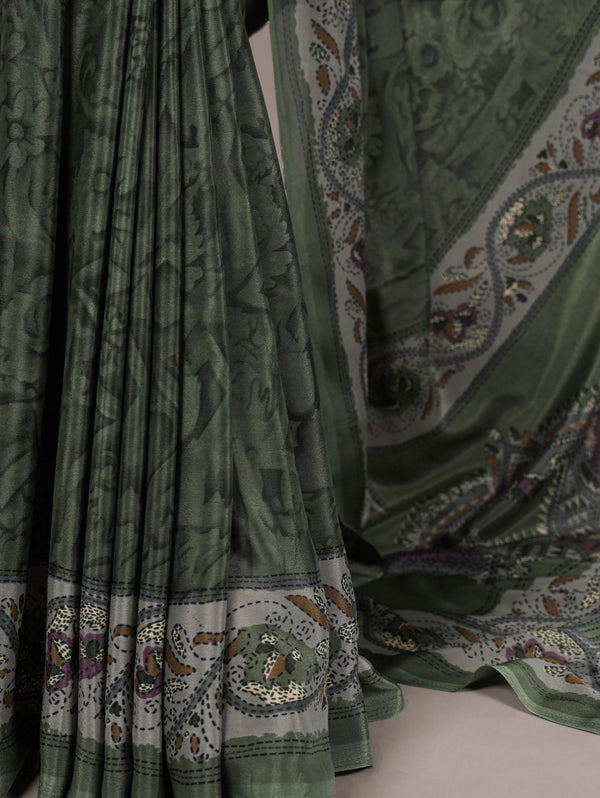 Mehendi Stylish Printed Crepe Saree with Matching Blouse Piece ClothsVilla