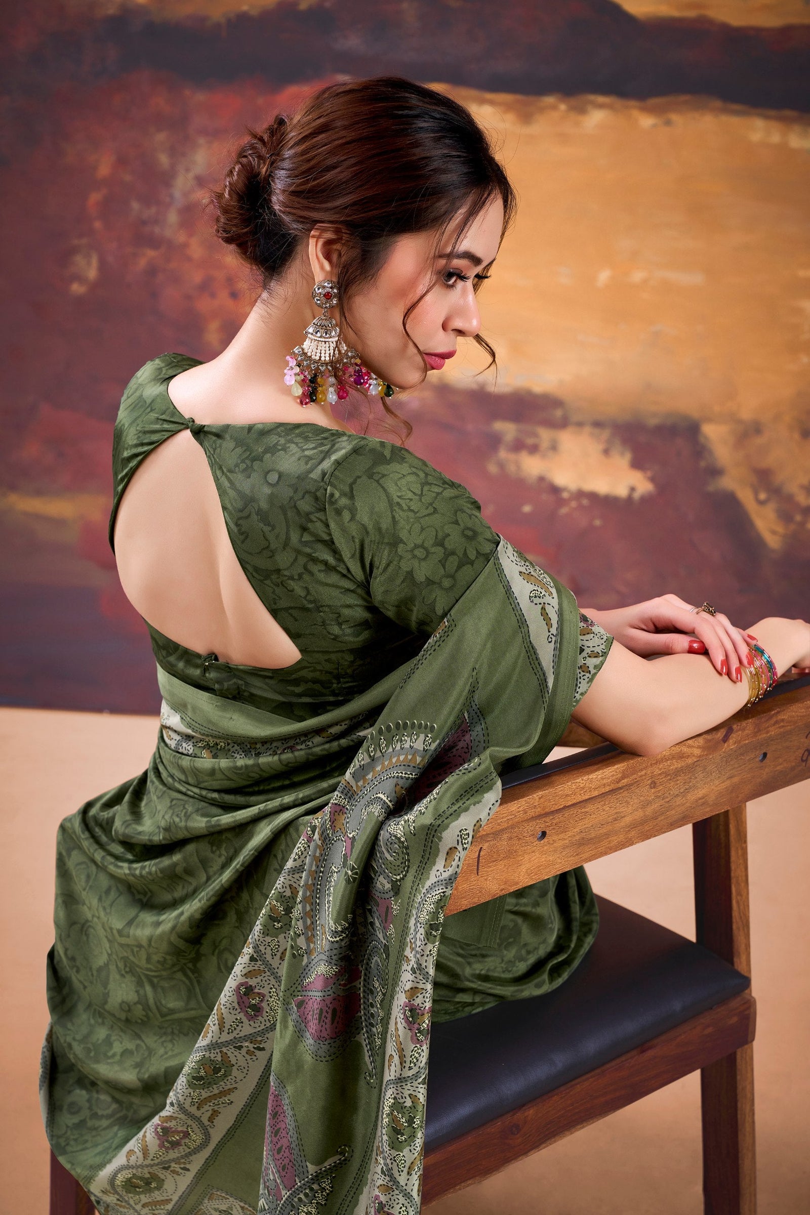 Mehendi Stylish Printed Crepe Saree with Matching Blouse Piece ClothsVilla