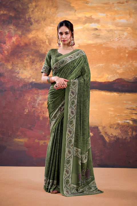 Mehendi Stylish Printed Crepe Saree with Matching Blouse Piece ClothsVilla Main image