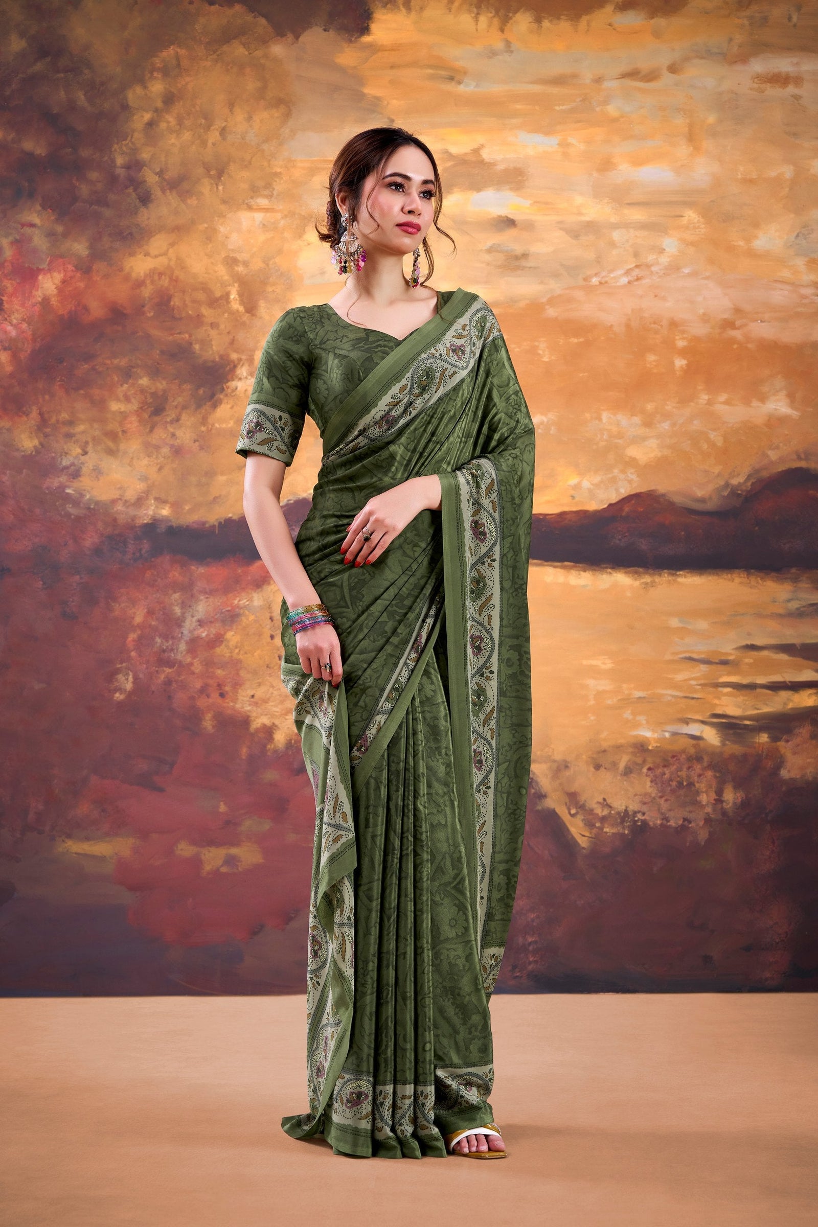 Mehendi Stylish Printed Crepe Saree with Matching Blouse Piece ClothsVilla