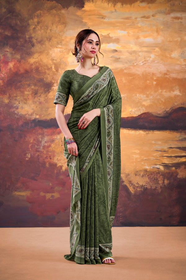 Mehendi Stylish Printed Crepe Saree with Matching Blouse Piece ClothsVilla