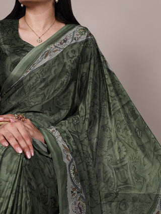 Mehendi Stylish Printed Crepe Saree with Matching Blouse Piece ClothsVilla