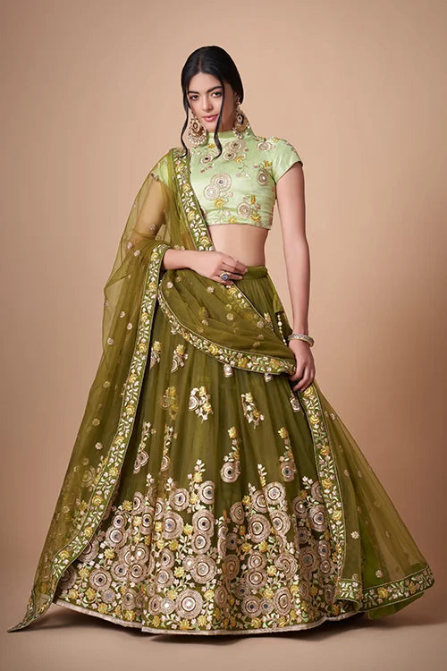 Mehndi Soft Net Thread Sequins Embroidered With Mirror Work Lehenga Choli Clothsvilla Main image