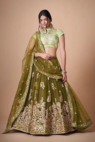Mehndi Soft Net Thread Sequins Embroidered With Mirror Work Lehenga Choli Clothsvilla