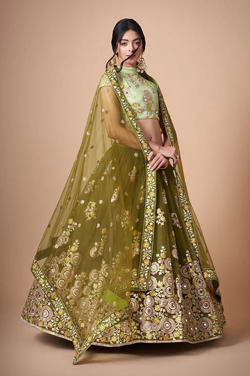 Mehndi Soft Net Thread Sequins Embroidered With Mirror Work Lehenga Choli Clothsvilla
