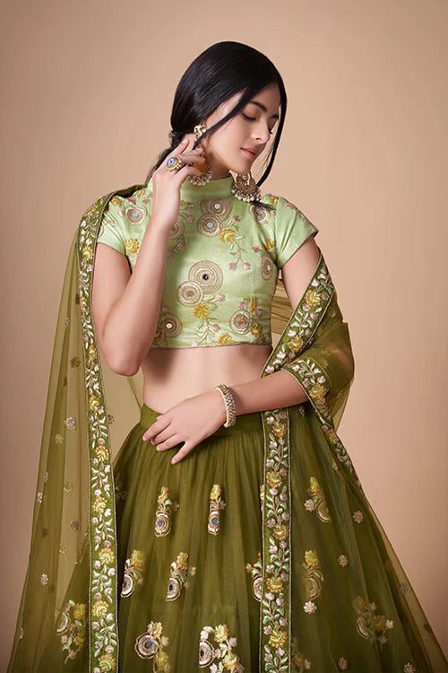 Mehndi Soft Net Thread Sequins Embroidered With Mirror Work Lehenga Choli Secondary image