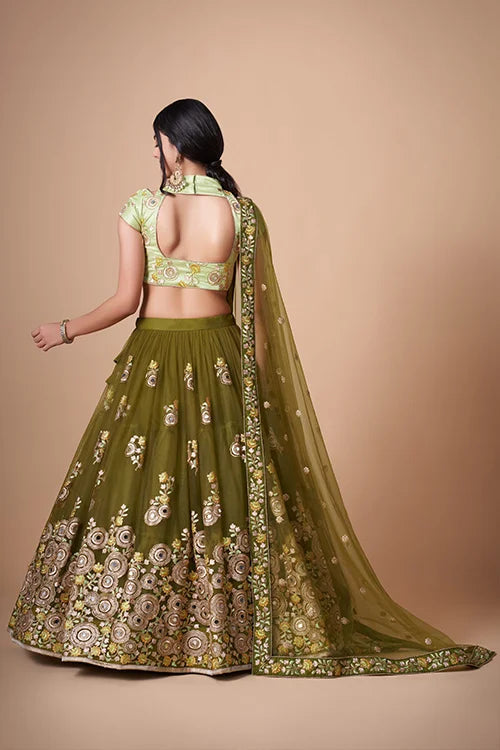 Mehndi Soft Net Thread Sequins Embroidered With Mirror Work Lehenga Choli Clothsvilla