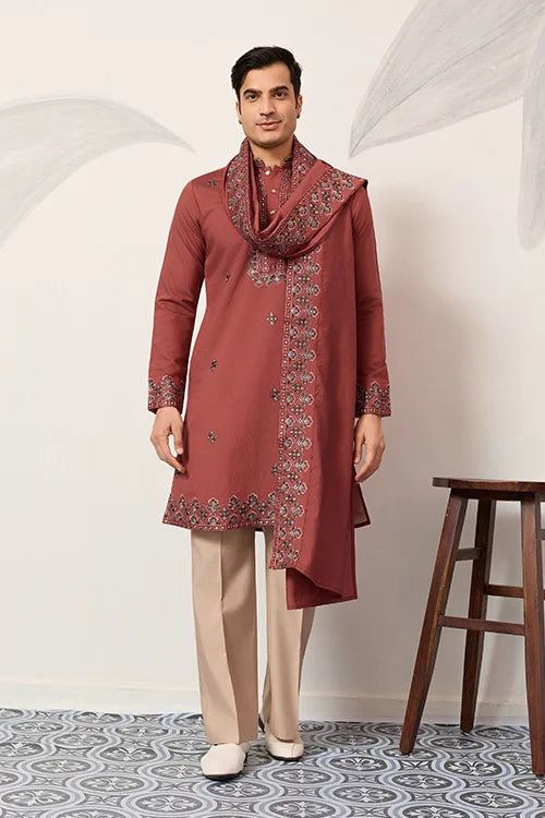 Luxury Royal Look Orange Kurta with Dupatta for Mens Collection Clothsvilla