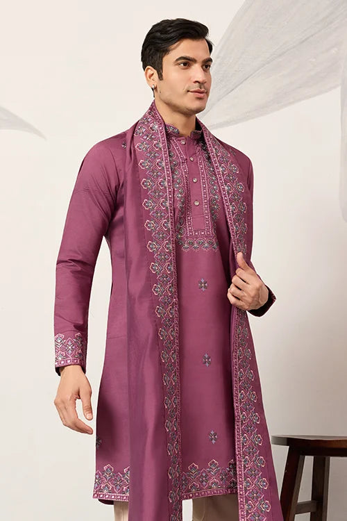 Trendy Pink Color Kurta with Dupatta for Mens Wear Clothsvilla