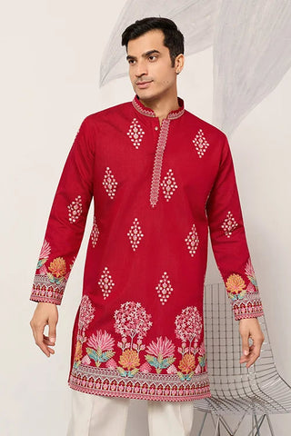 Unique Style Red Color Embroidered Kurta for Mens Wear Clothsvilla