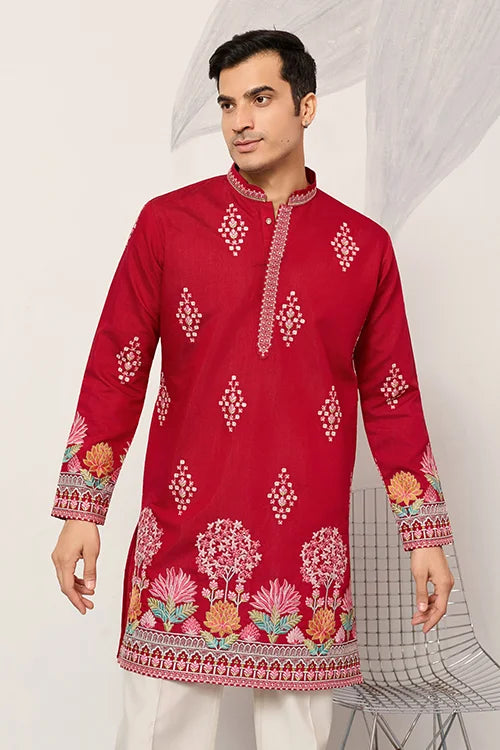 Unique Style Red Color Embroidered Kurta for Mens Wear Clothsvilla