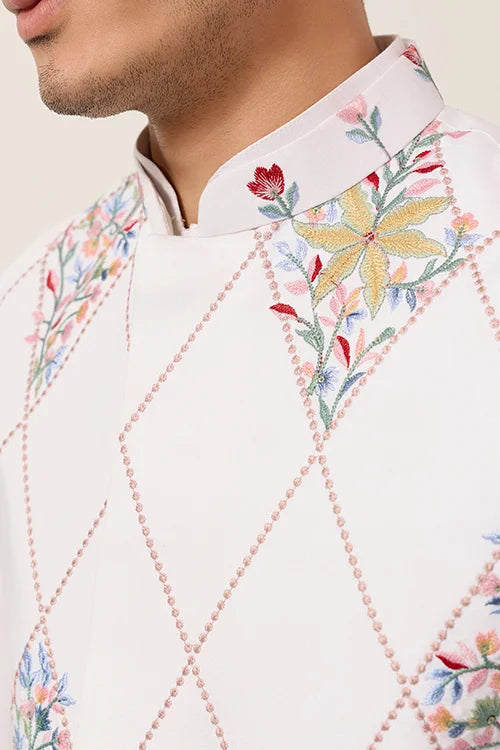 Elegant Wedding Special White Koti Kurta Pajama Set Clothsvilla