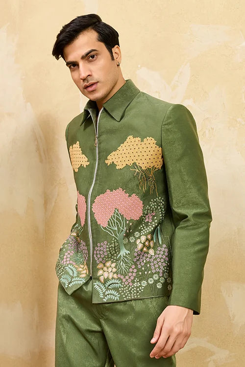 Regal Green Bomber Jacket with Thread Work and Pant for Mens Clothsvilla