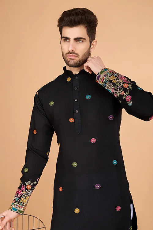Black Designer Viscose Silk Kurta with Thread Work Clothsvilla